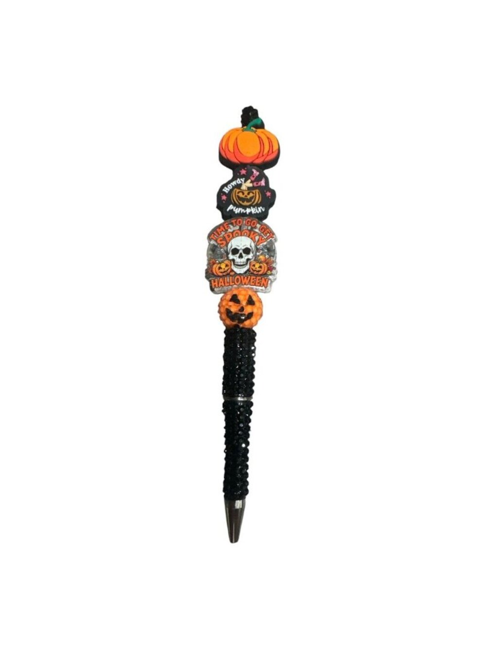 Halloween-Themed Decorative Pen With Pumpkin & Skull Toppers Black Beaded Grip F